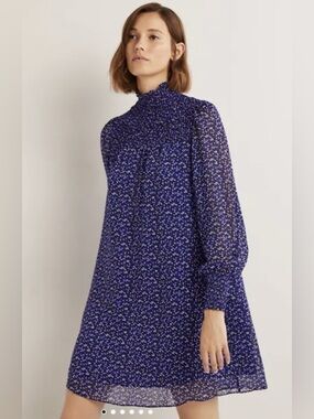 BODEN SZ 16 Smocked Yoke Metallic Long Sleeve Dress Blue